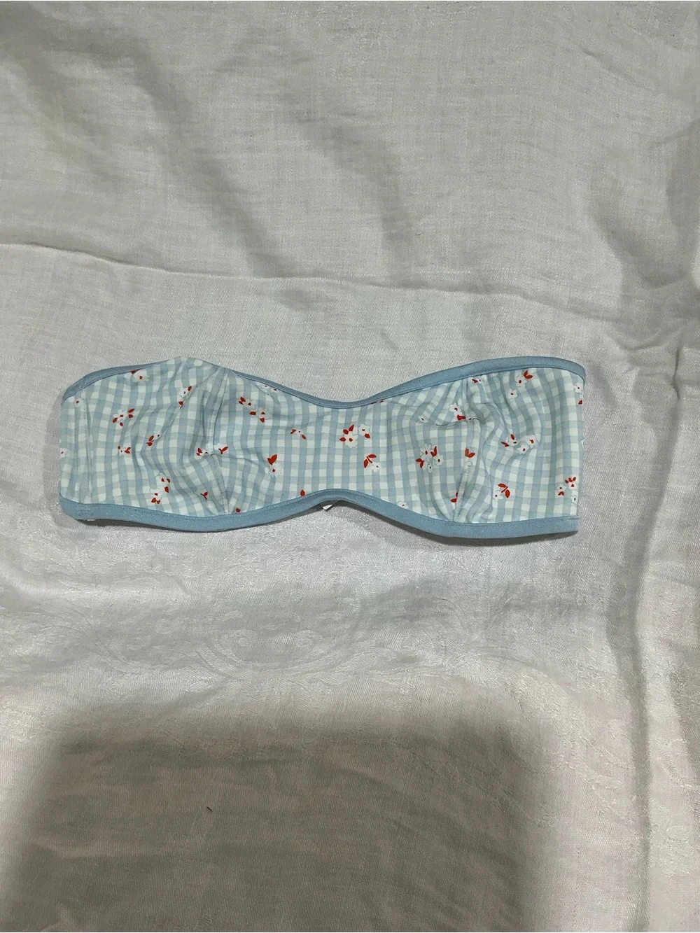 🤎 NWT Pink by Frankies Bikinis Monty Bikini Top Blue Gingham Floral Print XS